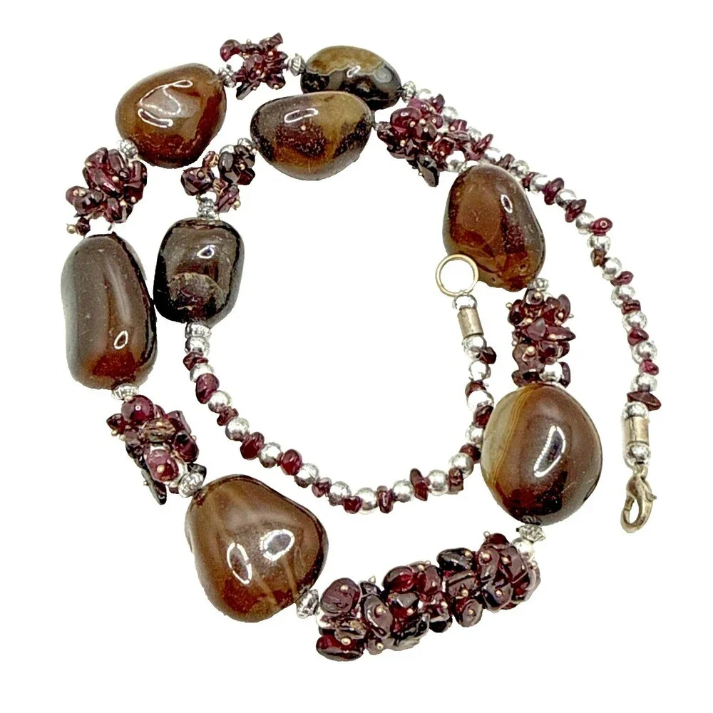 Vintage Boho Garnet Brown Agate Stone Bead Necklace Silver Tone Statement 23